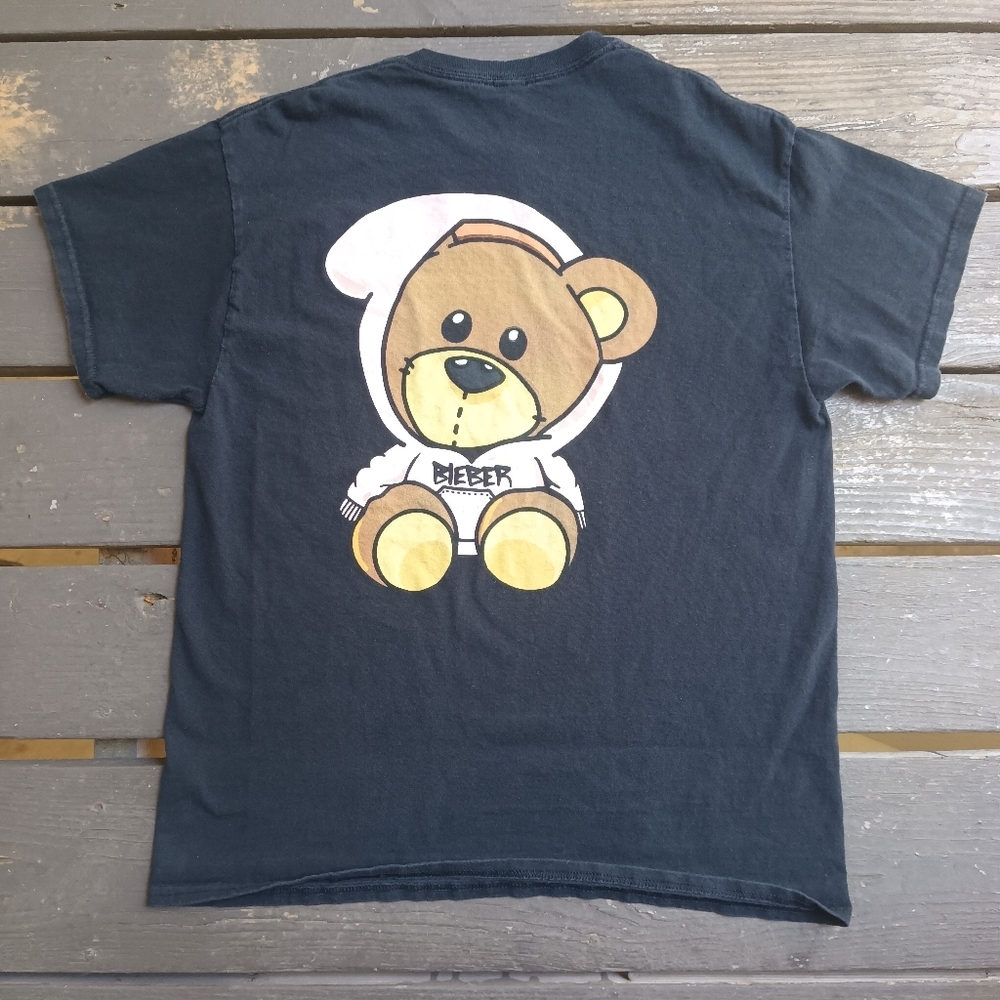 Justin Bieber Changes Bear In Hoodie Black Pink Short Sleeve T-Shirt Women's L